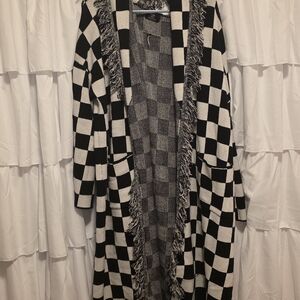 Dressed in LALA Black and White Checkered Longline Cardigan